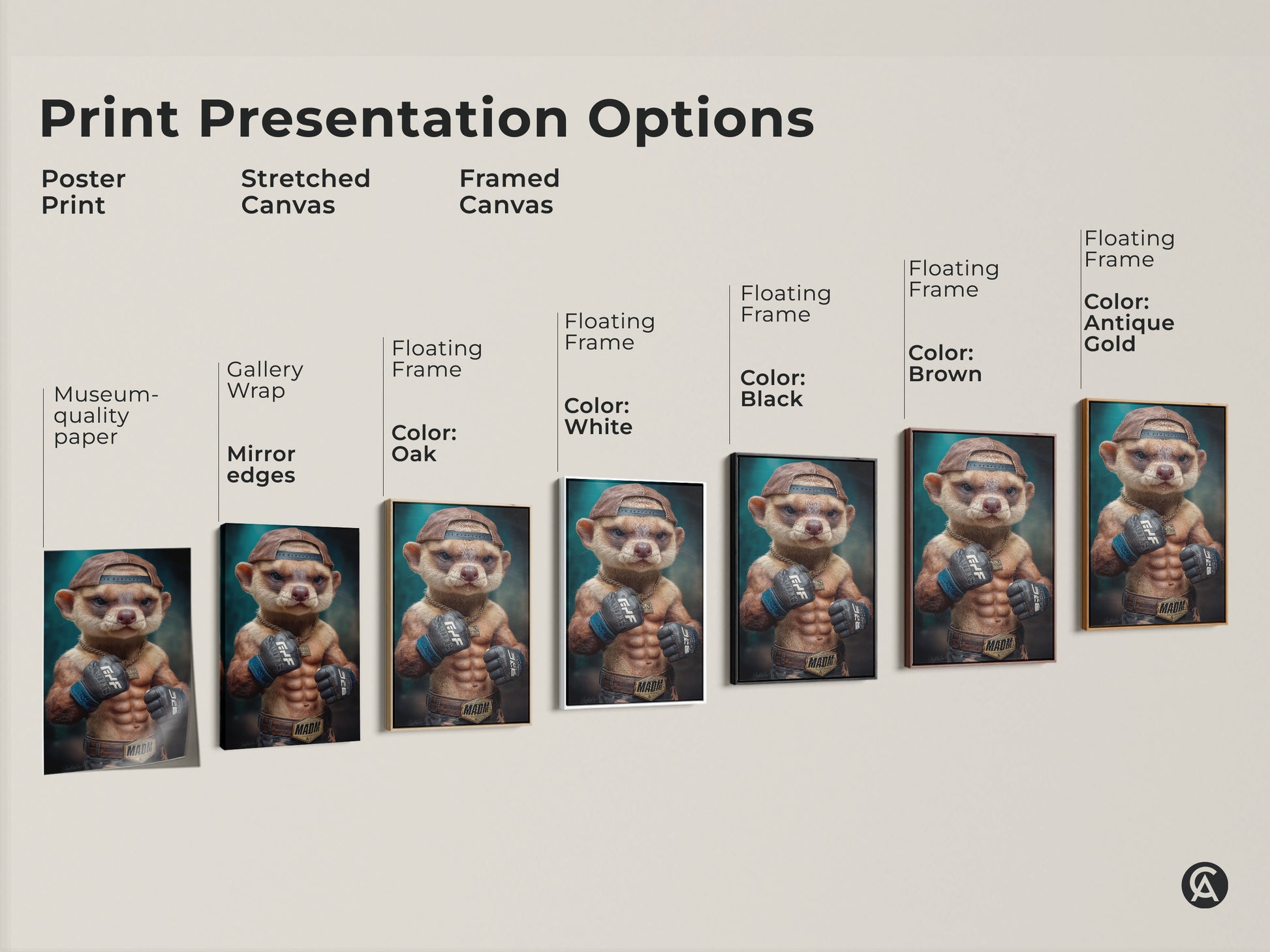 This image displays different print presentation options. This includes a poster print or a stretched canvas. You can also get framed canvas in a black brown oak antique gold and white. There is a perfect choice for everyone