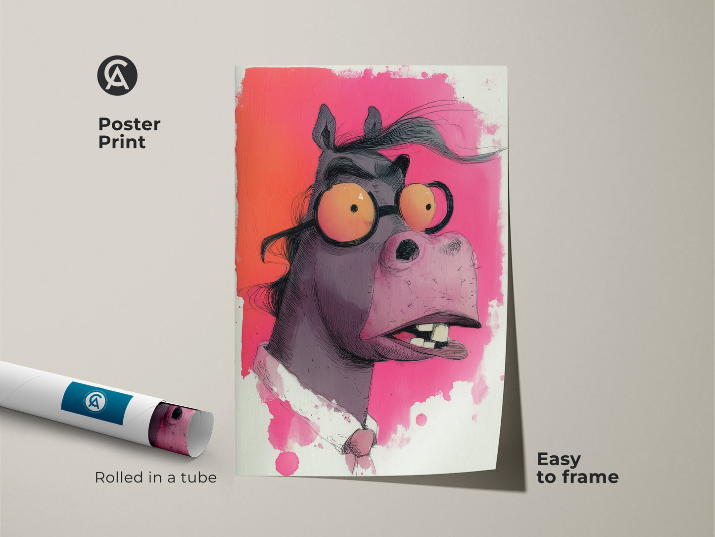 Cartoon horse with glasses art print. This rolled poster features a humorous portrait. It's set against a vibrant fuchsia and orange background. Easy to frame this artwork is perfect for eclectic decor.