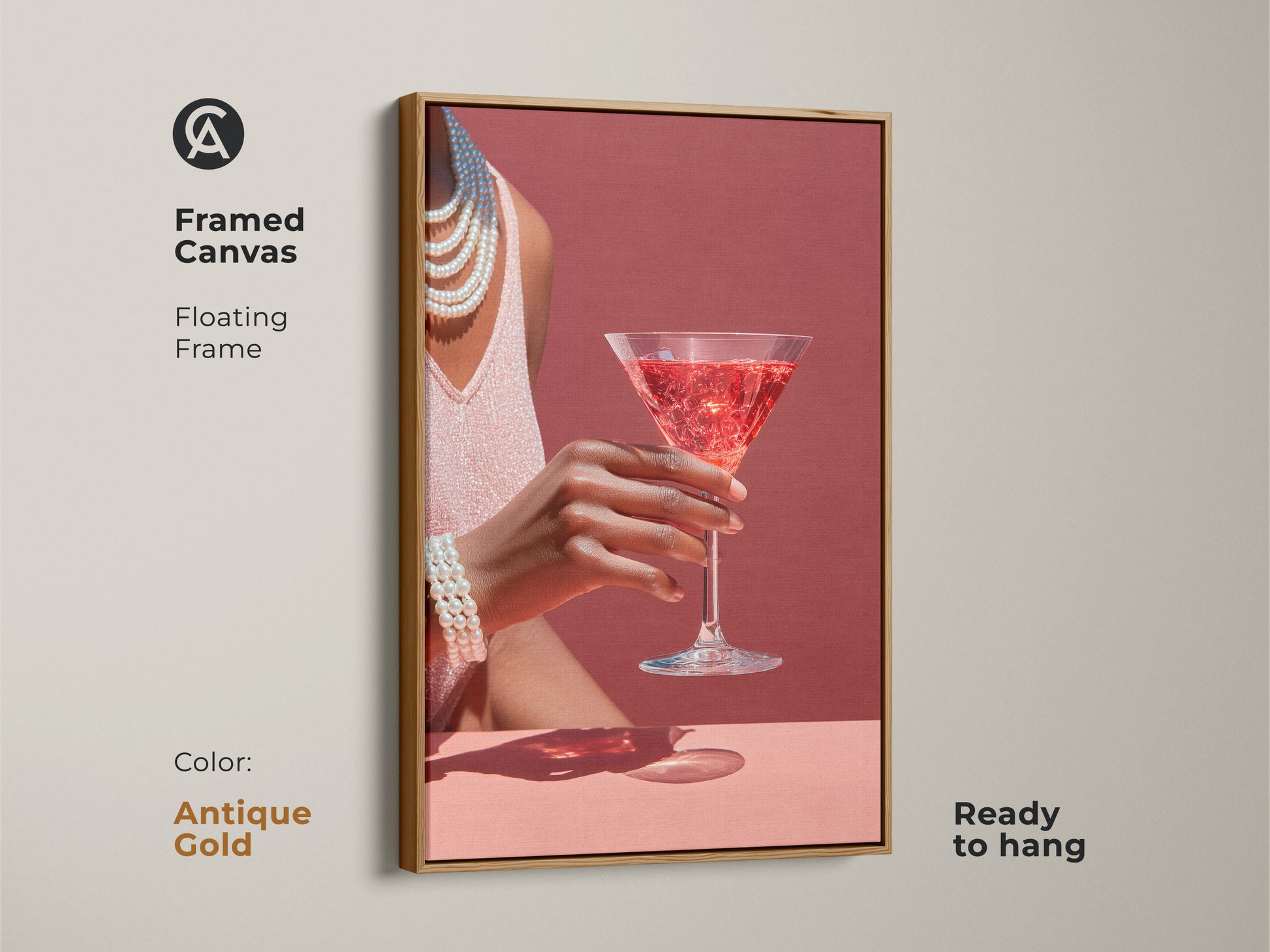 Antique Gold framed canvas of a rose martini cocktail. Elegant glamour bar area wall art. Pearl necklace accent art with art deco style cocktail decor is a gift for her. This contemporary piece is ready to hang.
