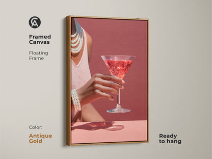 Antique Gold framed canvas of a rose martini cocktail. Elegant glamour bar area wall art. Pearl necklace accent art with art deco style cocktail decor is a gift for her. This contemporary piece is ready to hang.