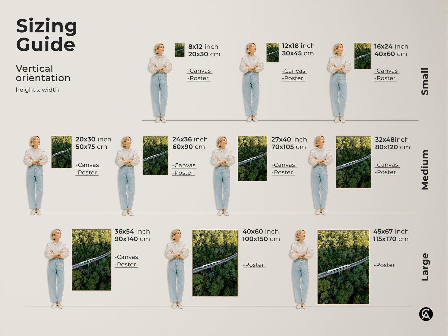 Sizing guide for vertical aerial train canvas and poster art. Small sizes 8x12 to 16x24 inches. Medium sizes 20x30 to 32x48 inches. Large sizes 36x54 to 45x67 inches. Perfect forest landscape wall art for any space. Find your ideal modern transportation print.