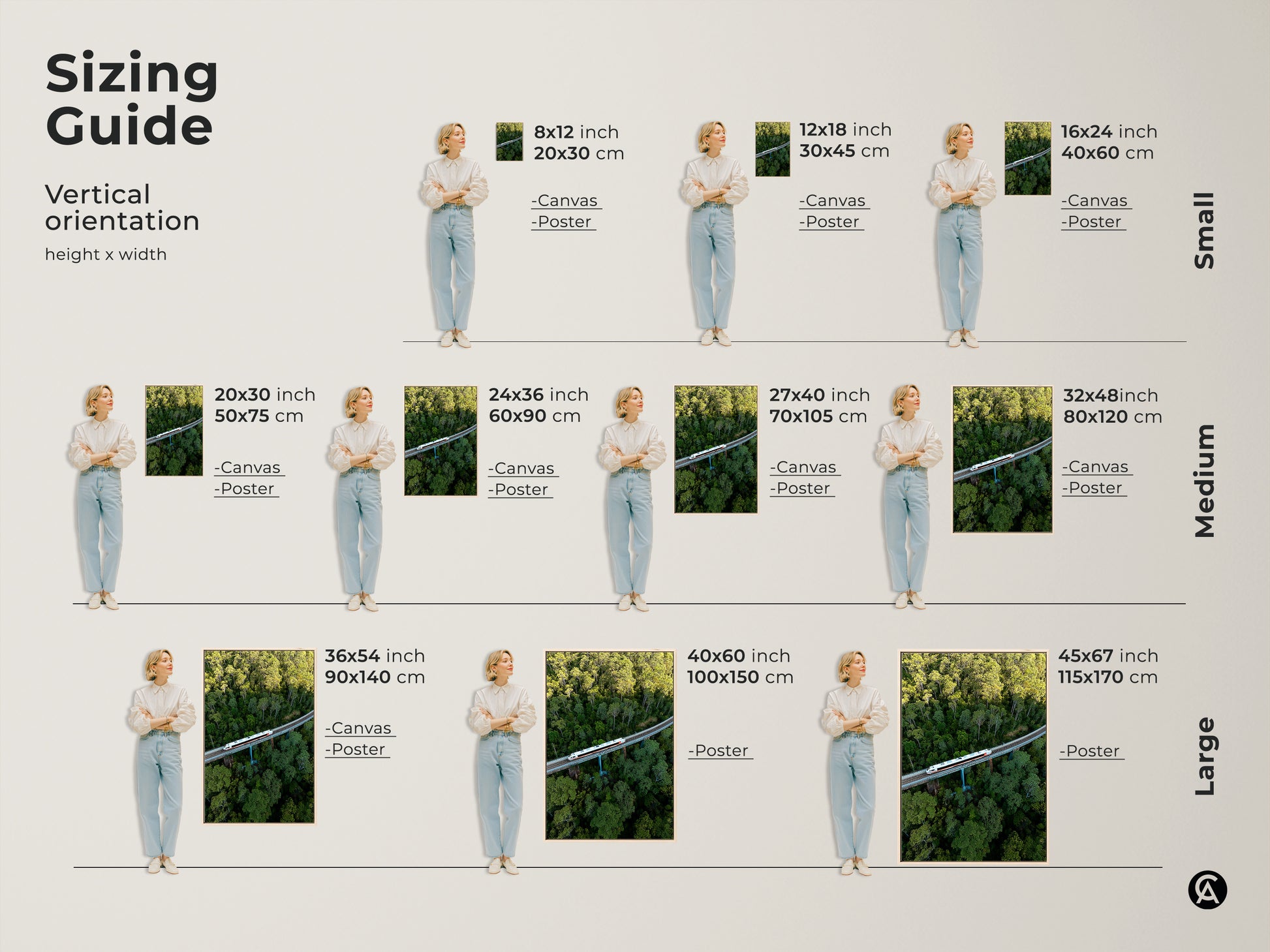 Sizing guide for vertical aerial train canvas and poster art. Small sizes 8x12 to 16x24 inches. Medium sizes 20x30 to 32x48 inches. Large sizes 36x54 to 45x67 inches. Perfect forest landscape wall art for any space. Find your ideal modern transportation print.