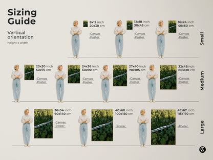 Sizing guide for vertical aerial train canvas and poster art. Small sizes 8x12 to 16x24 inches. Medium sizes 20x30 to 32x48 inches. Large sizes 36x54 to 45x67 inches. Perfect forest landscape wall art for any space. Find your ideal modern transportation print.