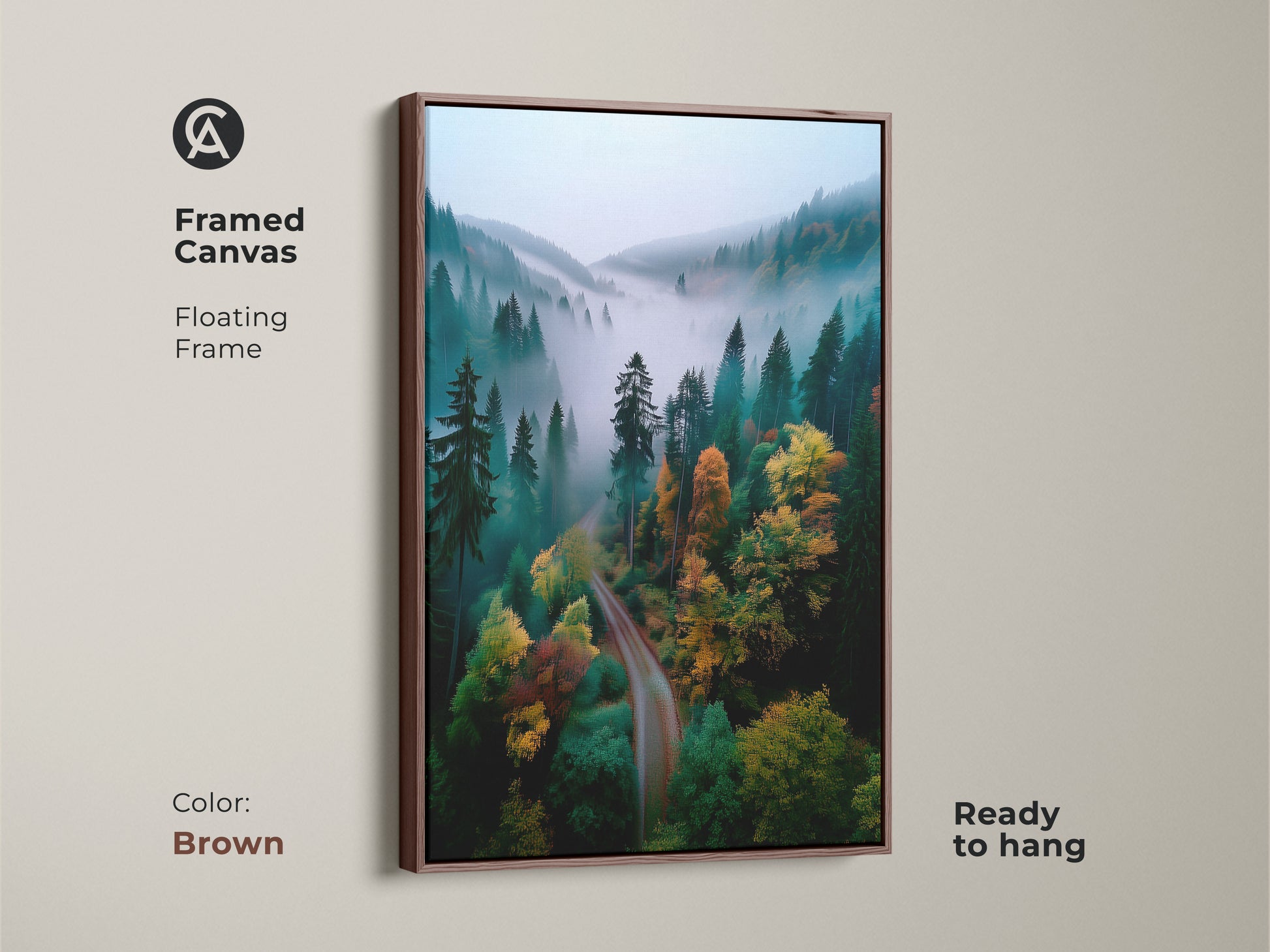 Brown framed canvas art of forest. The floating frame enhances the forest landscape. The misty forest scene is printed on durable canvas. The artwork is ready to hang. This framed piece brings warmth to any interior. The artwork is a perfect addition to your collection.