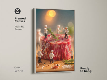 White framed canvas artwork of miniature chefs around a giant steak. The floating frame offers a clean modern look. Ready to hang this art is perfect for any room. The artwork shows a culinary scene with rosemary and spices. Enhance your decor with this food-themed artwork.