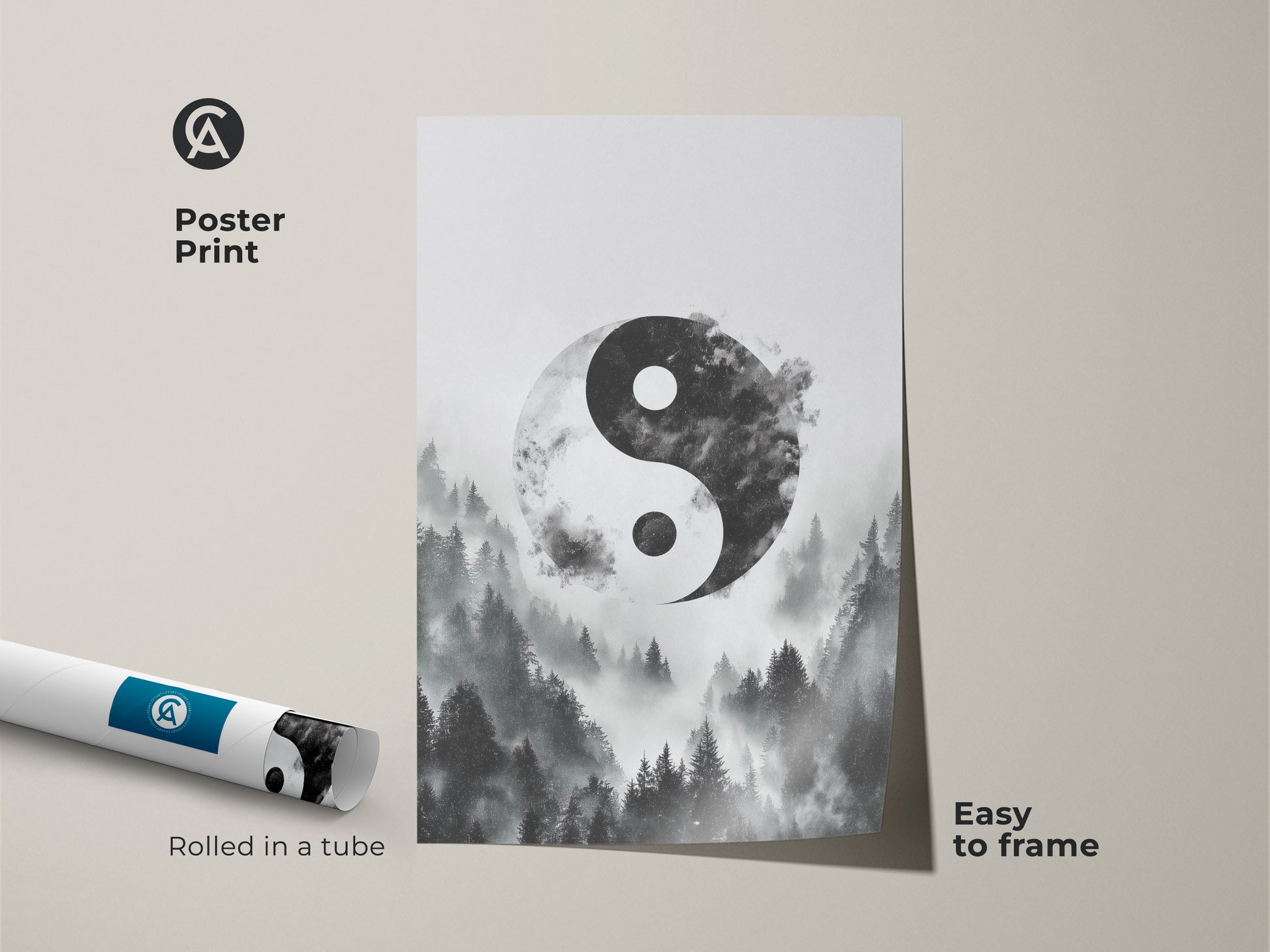 Poster print of Yin Yang forest art. This monochrome forest print arrives rolled in a tube ready to frame. The minimalist Yin Yang decor brings spiritual nature to your wall.