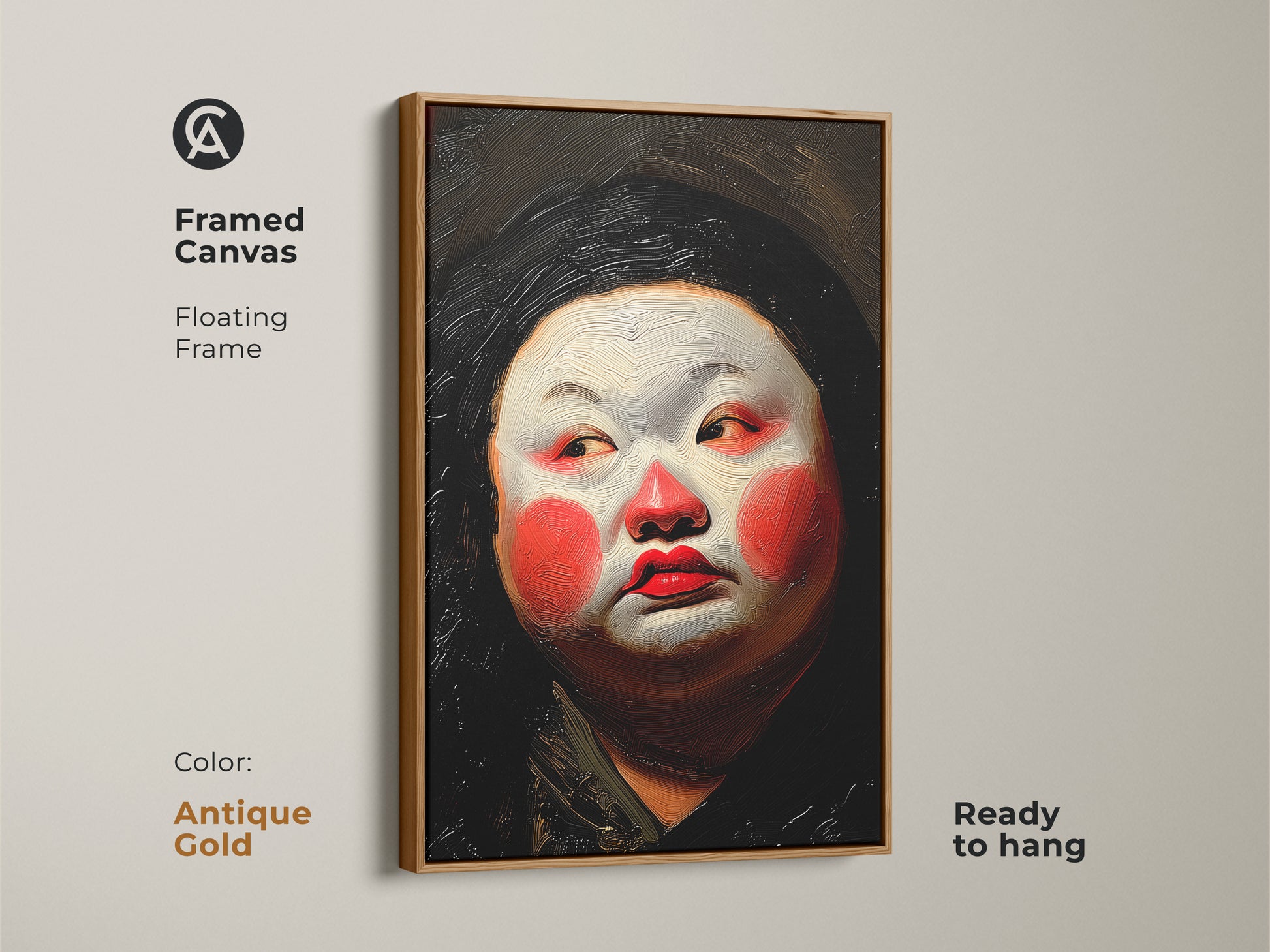 Framed Geisha canvas print with Kabuki details. A floating frame in antique gold adds elegance. Ready to hang for easy setup. Red white orange tones bring a touch of drama. Elevate your home with this unique cultural artwork.
