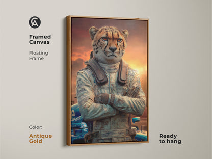 The framed canvas displays a cheetah in a race car driver suit. The artwork has a floating antique gold frame and is ready to hang. This surreal animal artwork is a striking wall art piece. It's an ideal office decor artwork and F1 fan gift.