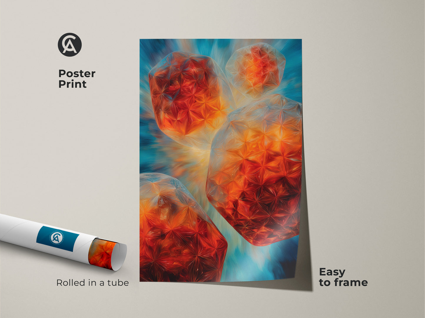 This abstract geometric painting is displayed as a poster print. It is an easy-to-frame modern office decor art piece. The teal blue and orange wall art features abstract crystal art. This colorful geometric decor is rolled in a tube. It serves as a unique housewarming gift for him. An art lover will adore this modern artwork.