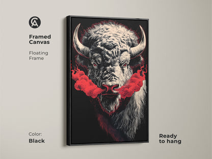 Framed canvas showcasing the powerful bison art. The floating frame adds a modern touch. See the striking contrast in this wildlife abstract art. Ready to hang it enhances any space with Western home decor. The black frame provides sophistication.