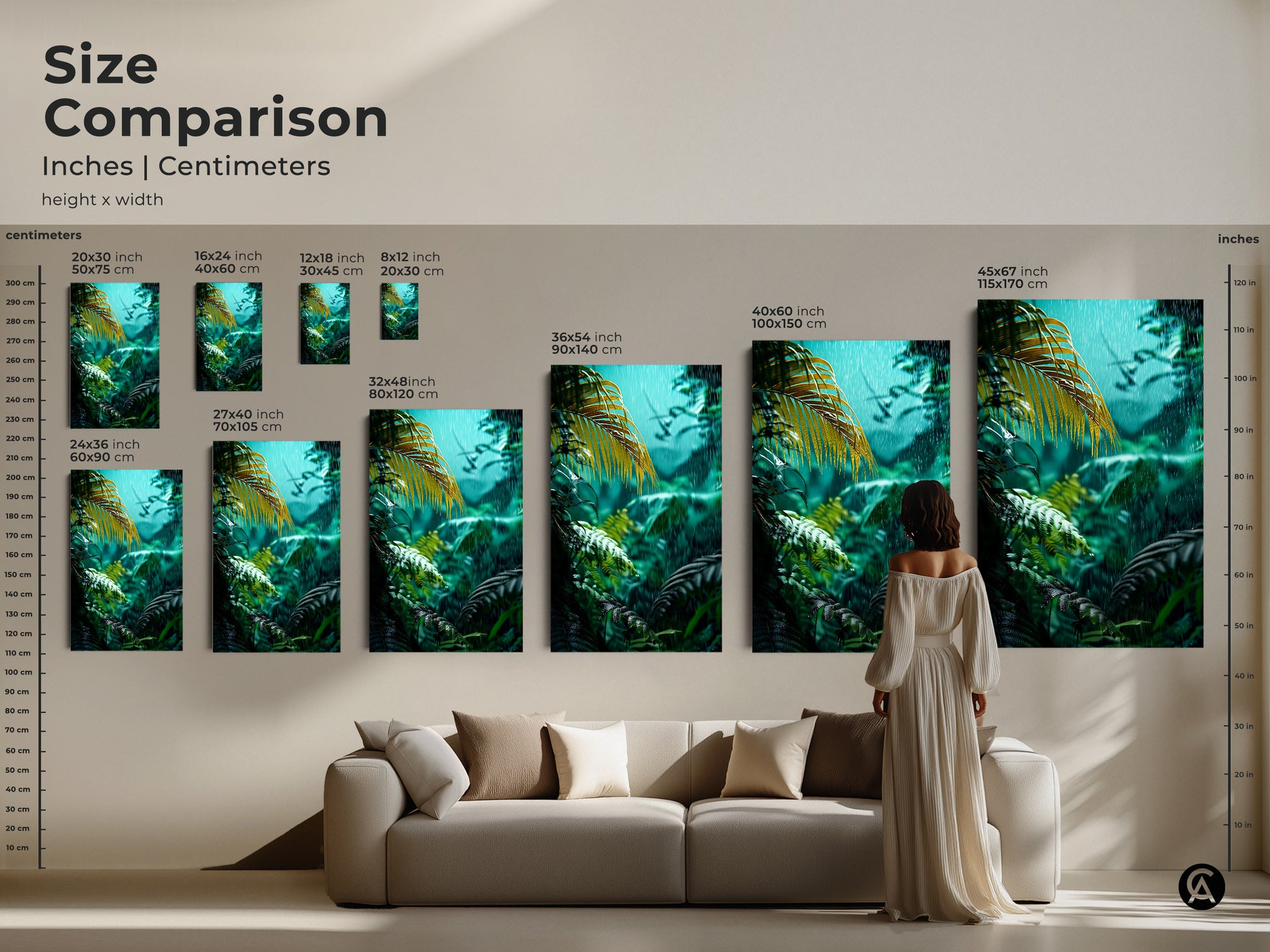 Size comparison of tropical rainforest wall art. See how the canvas print fits above a sofa. Available in multiple sizes to suit your space. This botanical art is perfect for adding a touch of nature to your living room or bedroom.