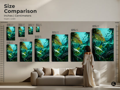 Size comparison of tropical rainforest wall art. See how the canvas print fits above a sofa. Available in multiple sizes to suit your space. This botanical art is perfect for adding a touch of nature to your living room or bedroom.