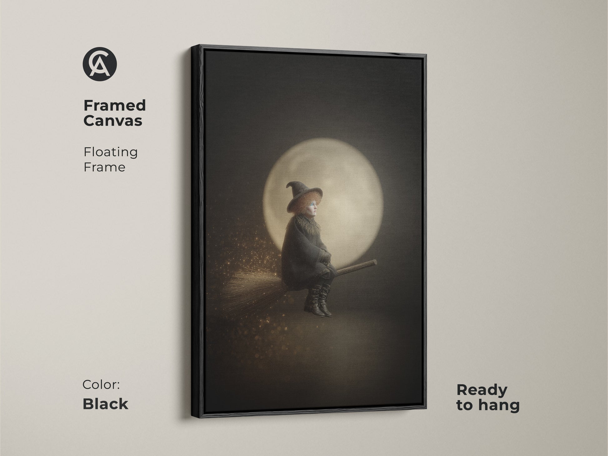 Framed canvas of a witch on a broomstick art with a floating black frame. Gothic moon wall decor in a black and gold palette. Ready to hang for easy display. Perfect eclectic witchy decor for Halloween enthusiasts. This dark academia wall art adds a touch of fantasy.