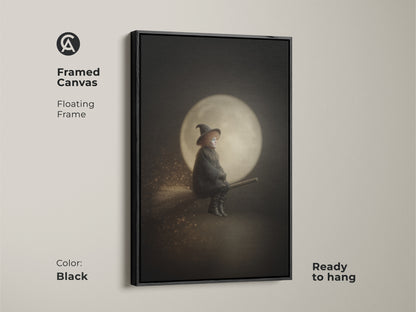 Framed canvas of a witch on a broomstick art with a floating black frame. Gothic moon wall decor in a black and gold palette. Ready to hang for easy display. Perfect eclectic witchy decor for Halloween enthusiasts. This dark academia wall art adds a touch of fantasy.