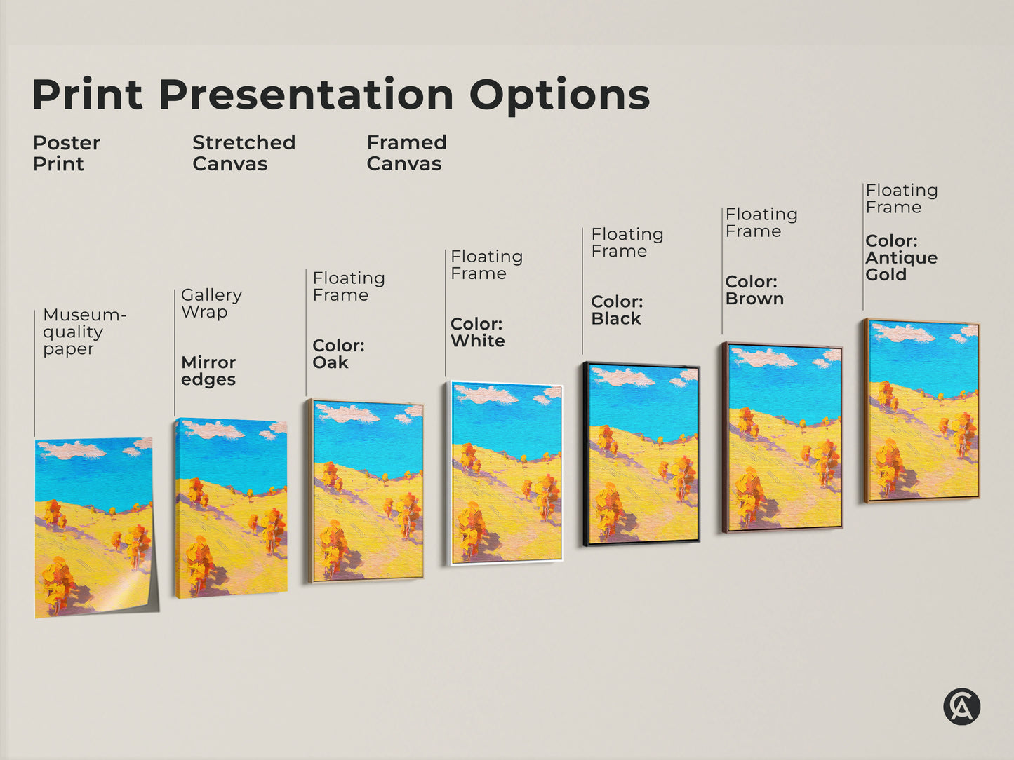 Explore print presentation options with this vibrant abstract landscape art. Choose from poster prints stretched canvas or framed canvas. Each option showcases the unique boho trees wall art. Find the perfect style for your space.
