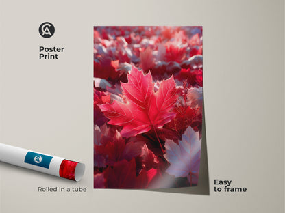 Poster print art featuring a red maple leaf. The artwork is rolled in a tube and easy to frame. It's a vibrant piece of wall art for any home. This poster print captures the beauty of autumn.