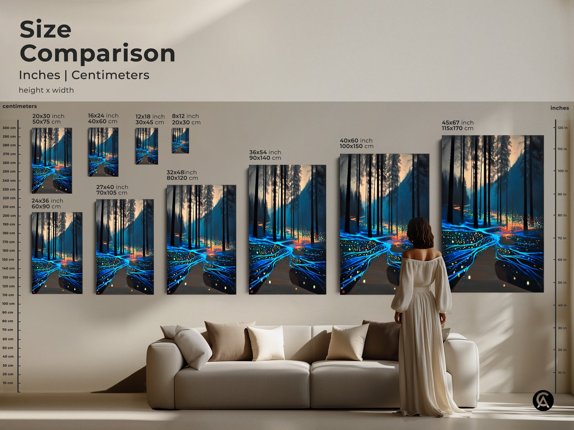 Size comparison showcases surreal forest artwork in inches and centimeters. Visualize the fantasy nature canvas and poster sizes. Perfect for a unique housewarming gift and residential decor art.