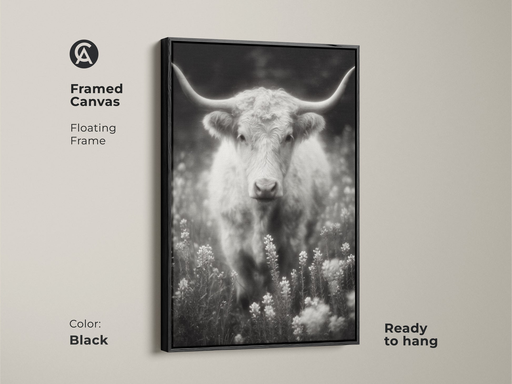 Black framed canvas featuring a longhorn in a field. The black and white artwork is ready to hang. The floating frame adds a modern touch. This fine art photograph is a statement piece for your home decor.