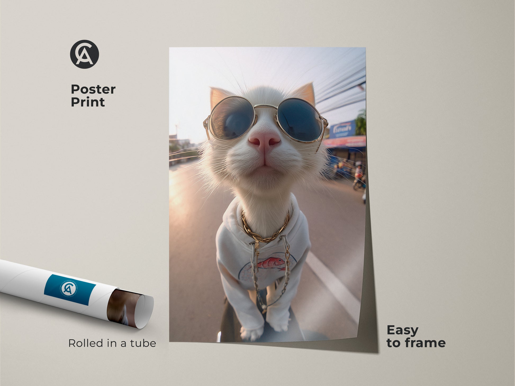 Poster print of a trendy cat wearing sunglasses and a hoodie. This artwork comes rolled in a tube making it easy to frame. A fun addition to any cat lover's collection. The poster art is perfect for adding personality to your walls.