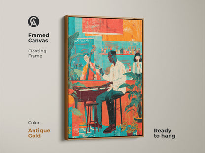 Framed canvas art of a jazz band with a floating antique gold frame. The teal red and orange artwork features a pianist and singer. Perfect for a music lover or jazz enthusiast.