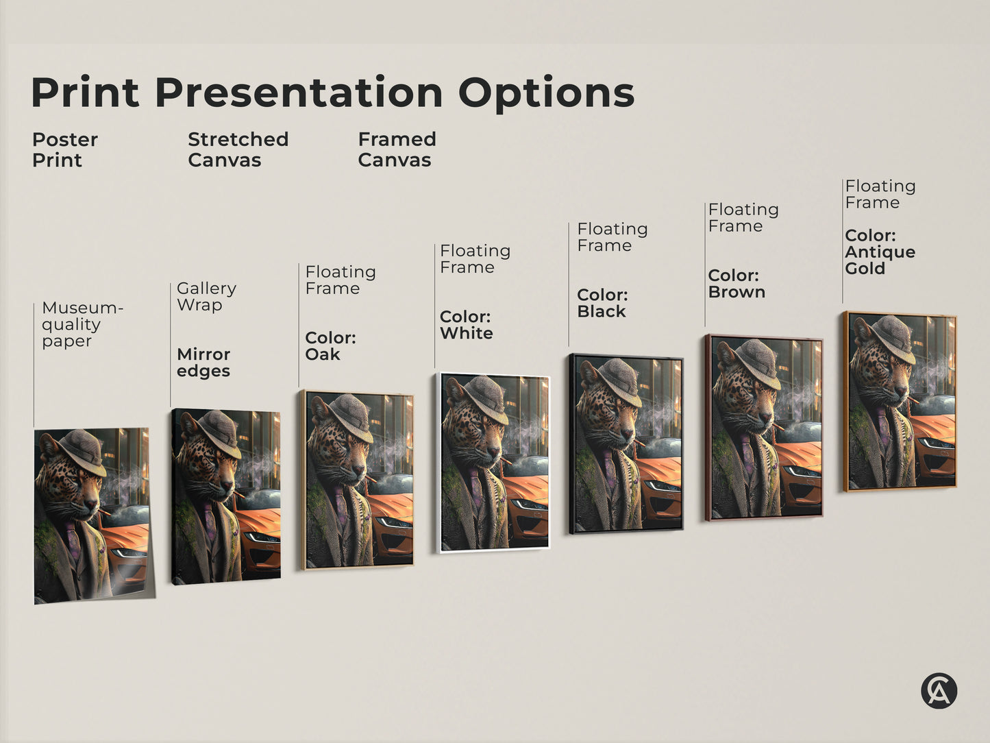 Explore presentation options for surreal animal wall art. Options include poster prints stretched canvas and framed canvas. The artwork shows a dapper leopard in a suit and hat. A neo-noir touch for unique decor.
