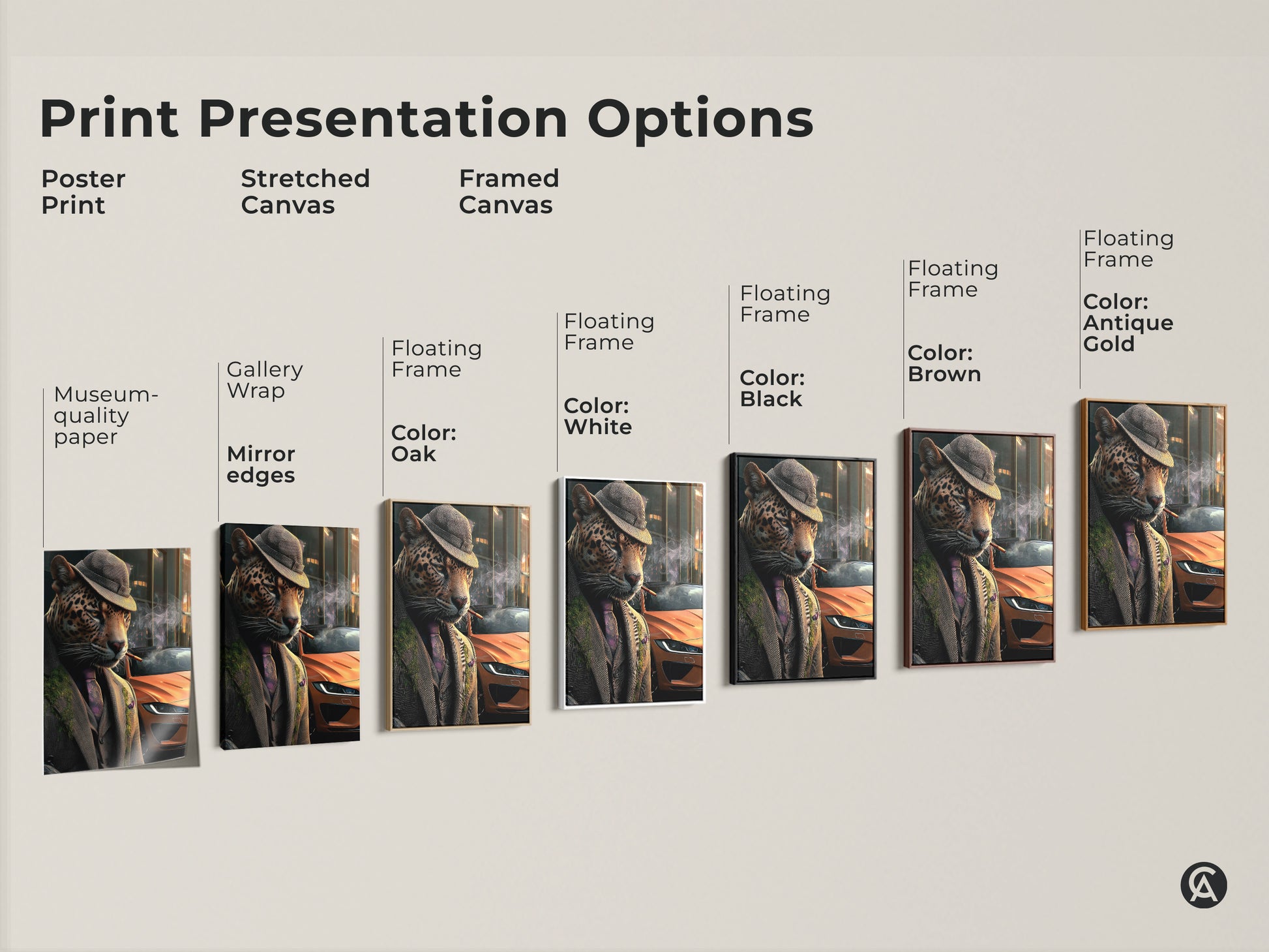 Explore presentation options for surreal animal wall art. Options include poster prints stretched canvas and framed canvas. The artwork shows a dapper leopard in a suit and hat. A neo-noir touch for unique decor.