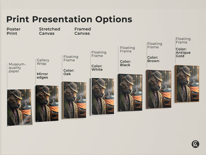 Explore presentation options for surreal animal wall art. Options include poster prints stretched canvas and framed canvas. The artwork shows a dapper leopard in a suit and hat. A neo-noir touch for unique decor.