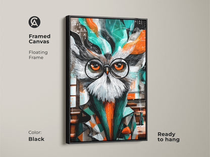 A framed canvas displaying a cool abstract owl. The owl is wearing glasses. It's set against a background of math equations. Black frame adds a modern touch. Perfect as study room art or a unique professor gift idea. It combines artistic flair and intellectual depth.
