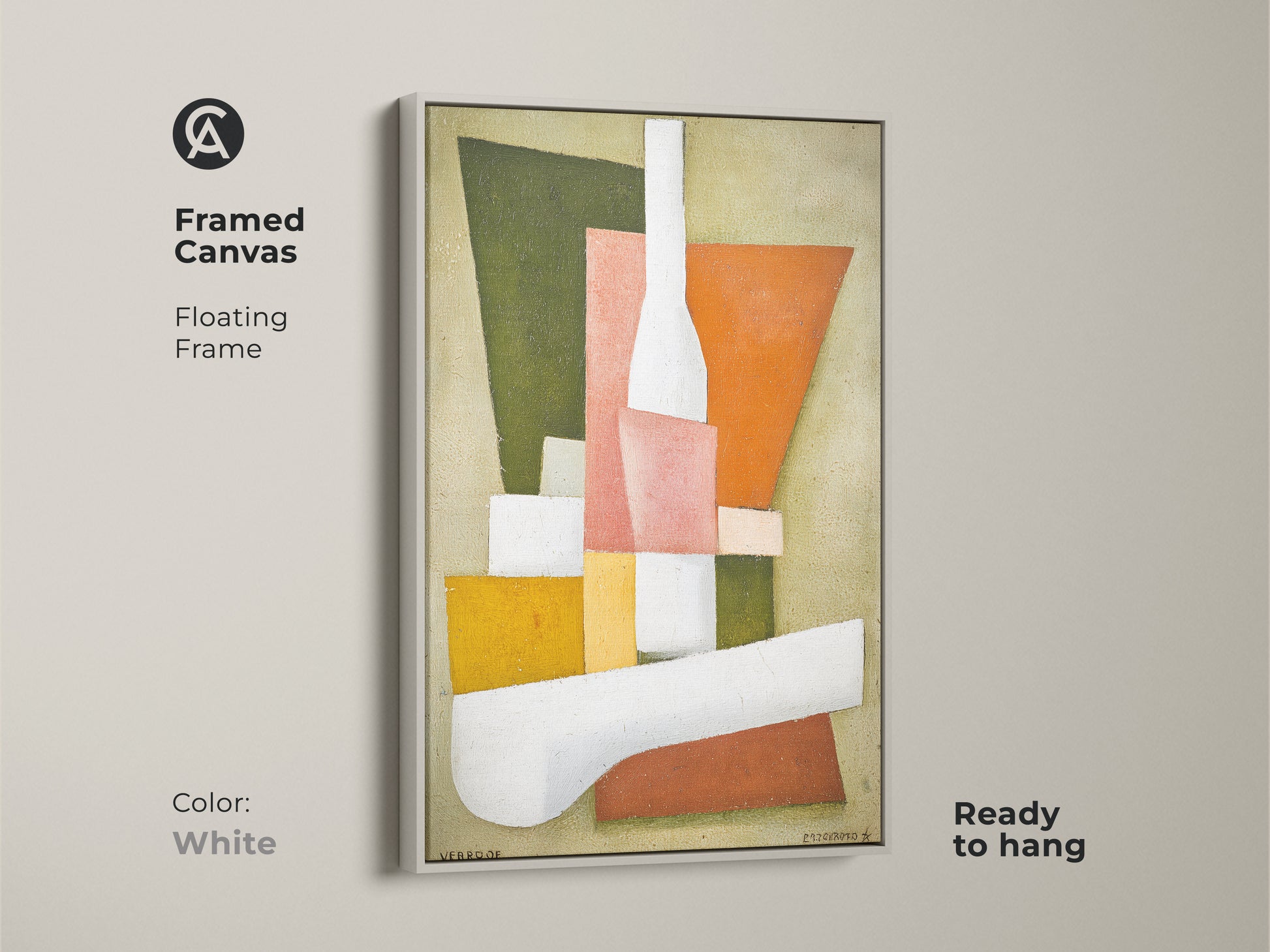 Framed canvas featuring a pink orange green abstract geometric art. The white floating frame complements the mid-century modern style. Perfect wall decor for home office or entryway. A unique wall hanging showcasing modern abstract painting.