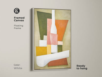 Framed canvas featuring a pink orange green abstract geometric art. The white floating frame complements the mid-century modern style. Perfect wall decor for home office or entryway. A unique wall hanging showcasing modern abstract painting.