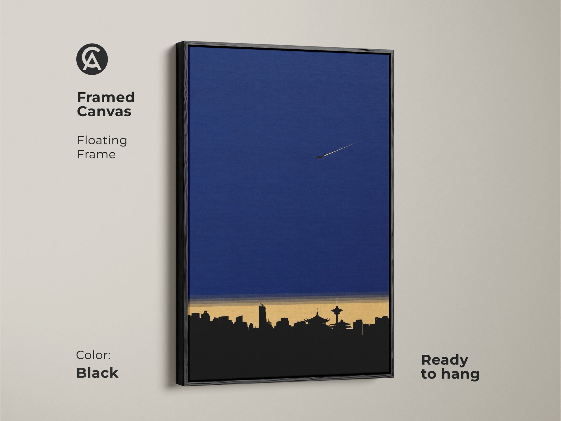 Framed Canvas featuring minimalist cityscape artwork. This modern skyline art print includes a floating frame. The deep blue wall art enhances any office. Geometric airplane wall decor that's ready to hang in black.