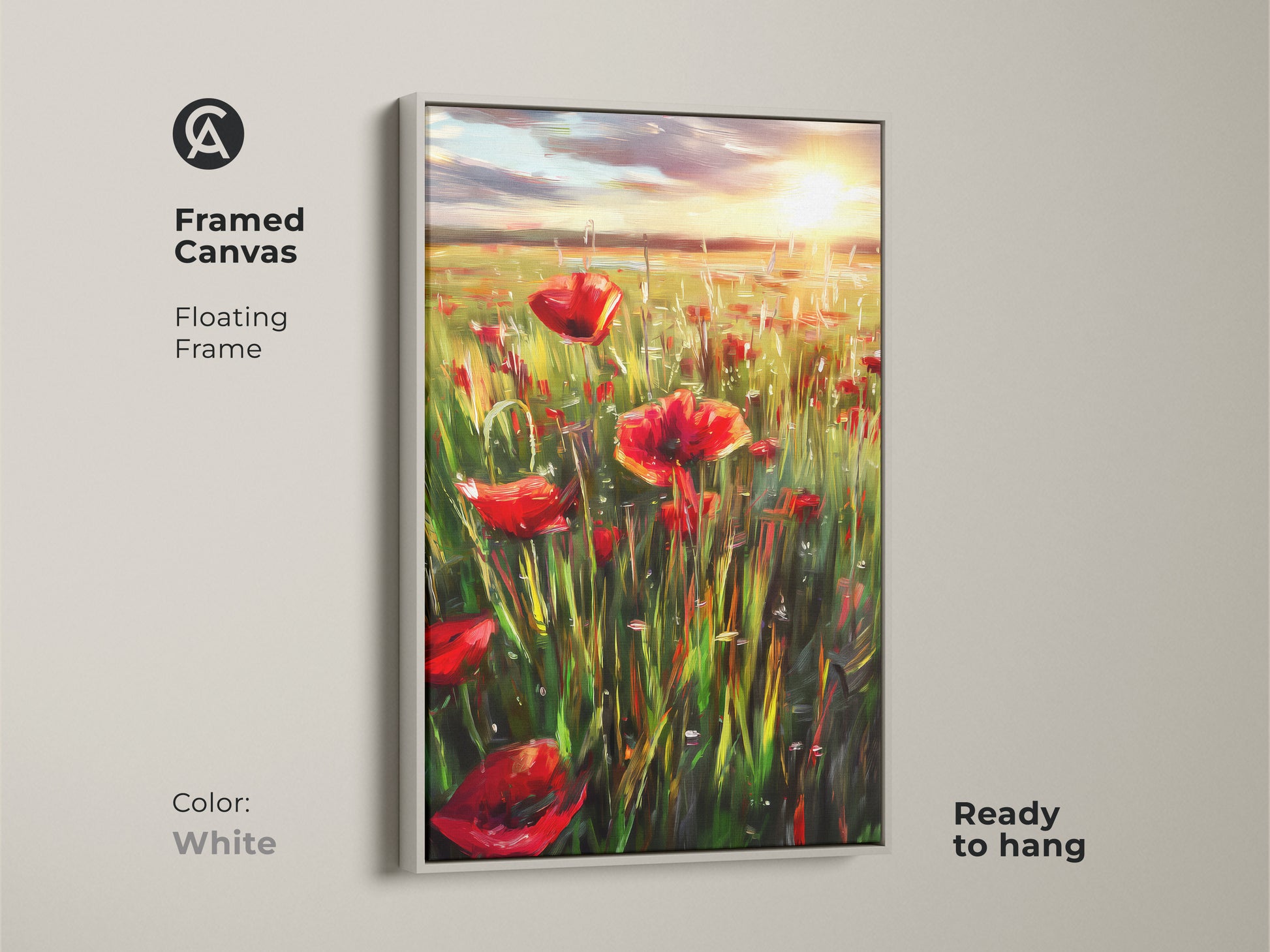 Framed canvas with a floating frame displays a red floral poppy field. The white frame highlights the impressionist landscape artwork. Ready to hang this boho wall decor is perfect. A summer meadow painting brings the charm of nature indoors. Great as a gift.