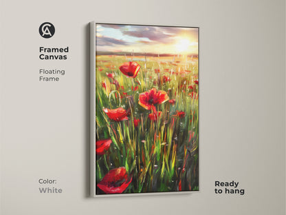 Framed canvas with a floating frame displays a red floral poppy field. The white frame highlights the impressionist landscape artwork. Ready to hang this boho wall decor is perfect. A summer meadow painting brings the charm of nature indoors. Great as a gift.