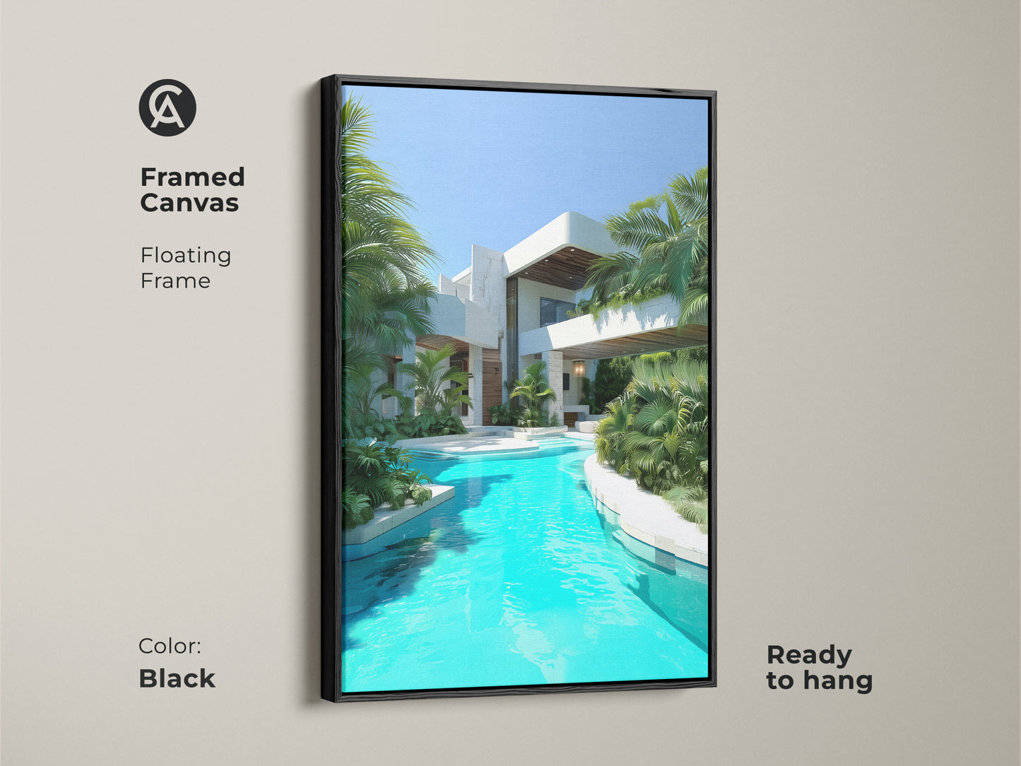 Elevate your space with this framed canvas art featuring a modern villa. A turquoise pool and palm trees bring tropical luxury to your walls. The black floating frame adds a touch of sophistication. Ready to hang this contemporary villa art is perfect for any home.