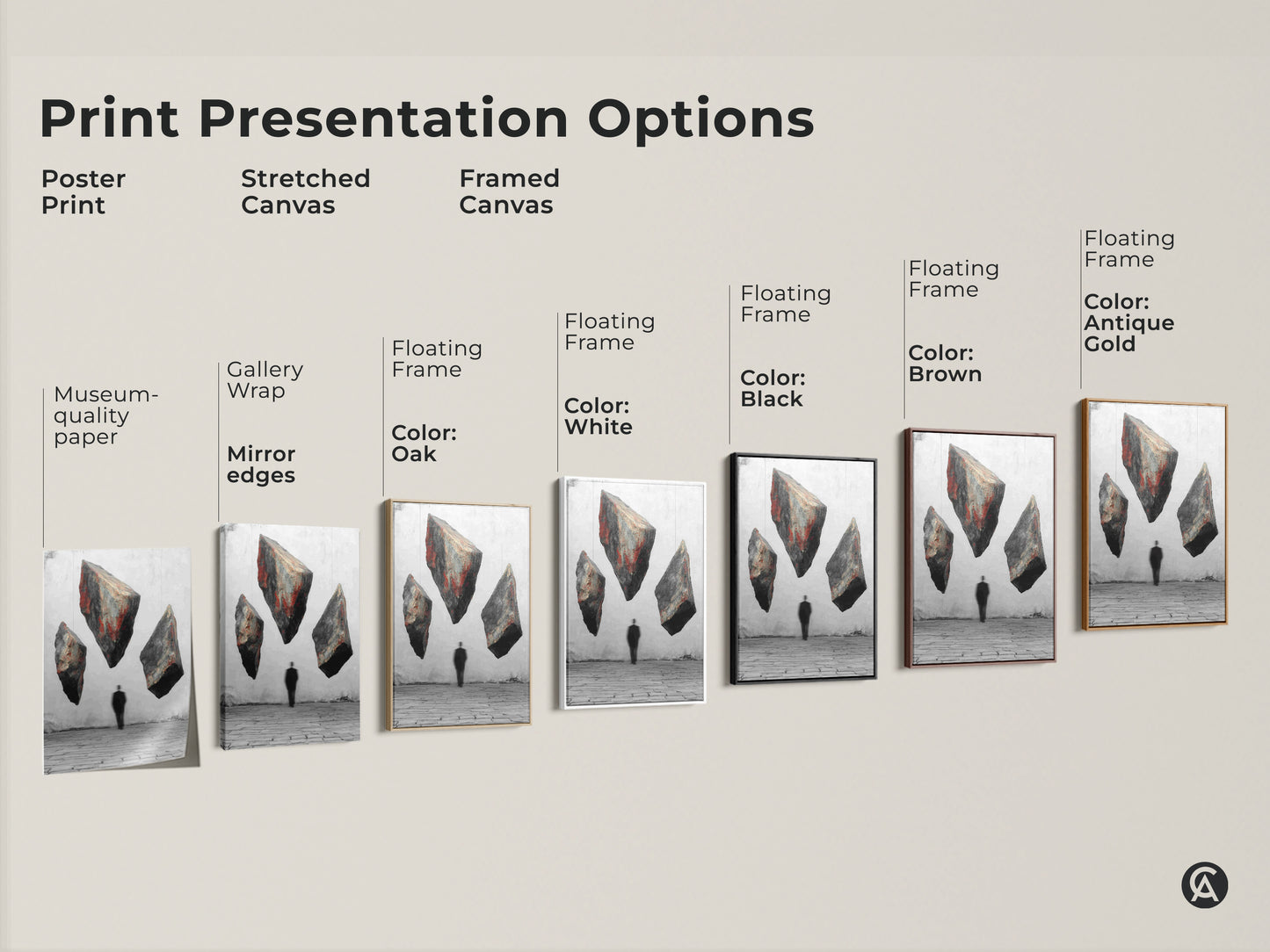 Explore print presentation options for surreal floating rocks artwork. Choose from poster print stretched canvas or framed canvas. Frame colors include black brown antique gold and white. See how the surreal man silhouette print fits your style. Transform your office with conceptual art wall art.