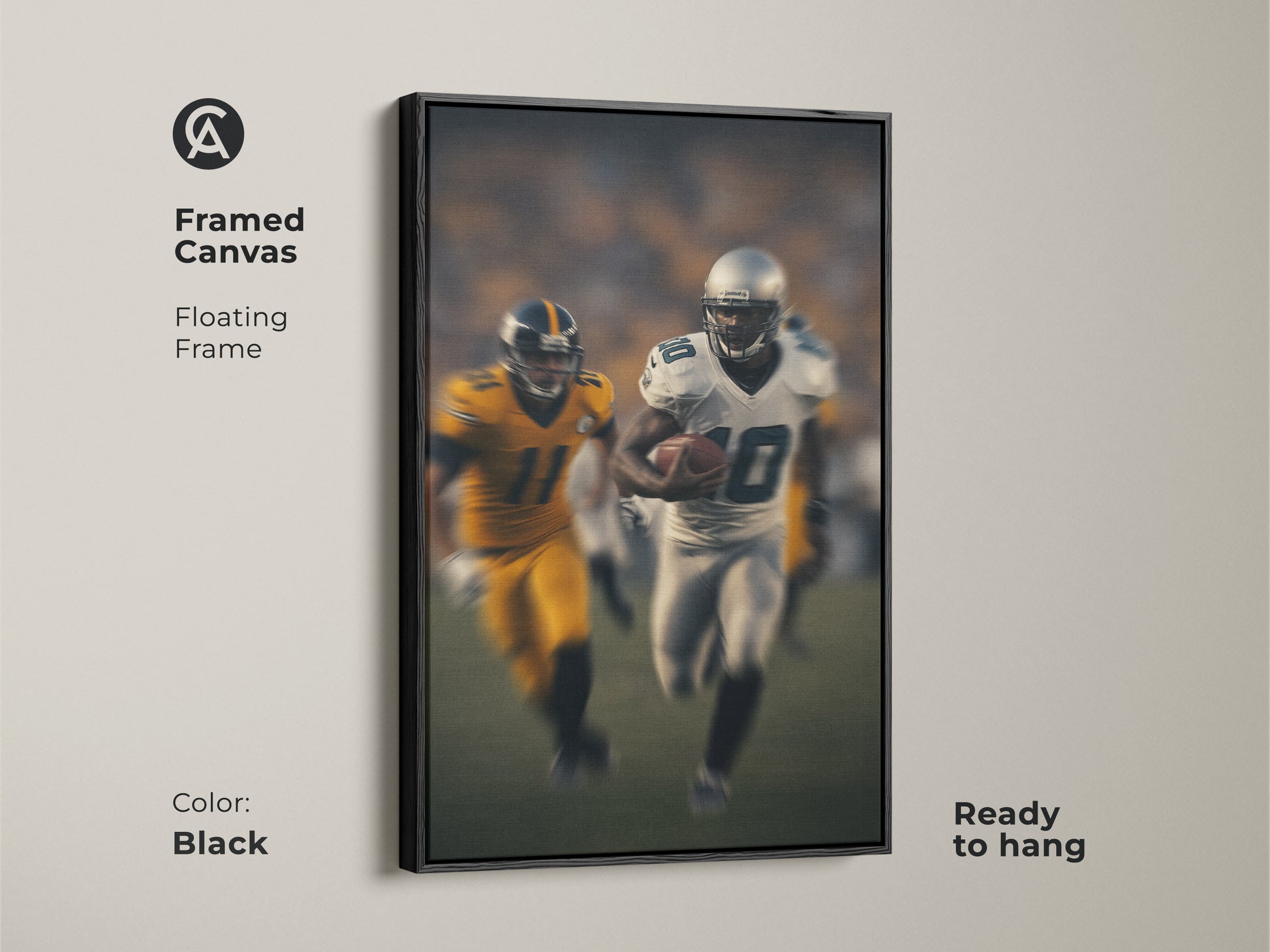 This framed canvas art features a floating black frame. The modern football artwork showcases a running back in action. Ready to hang this dynamic print will enhance your sports themed decor.