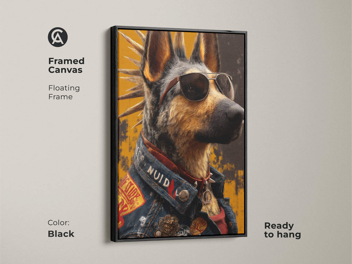 German Shepherd art print with a brown floating frame. The canvas displays a cool dog with aviator sunglasses. The dog wears a denim jacket. This punk rock artwork offers eclectic style and is ready to hang.