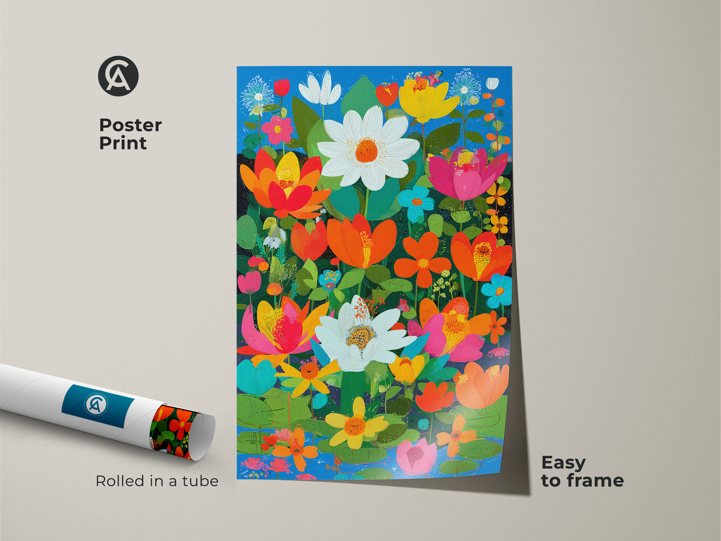 Poster print of boho floral wall art. The print is rolled in a tube and easy to frame. Orange pink and teal botanical art. Lotus daisy flower artwork.