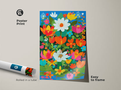 Poster print of boho floral wall art. The print is rolled in a tube and easy to frame. Orange pink and teal botanical art. Lotus daisy flower artwork.