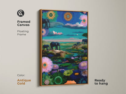 Framed canvas art featuring a surreal elephant. The antique gold floating frame enhances the eclectic safari decor. A fantasy animal artwork ready to hang. A vibrant nature canvas.