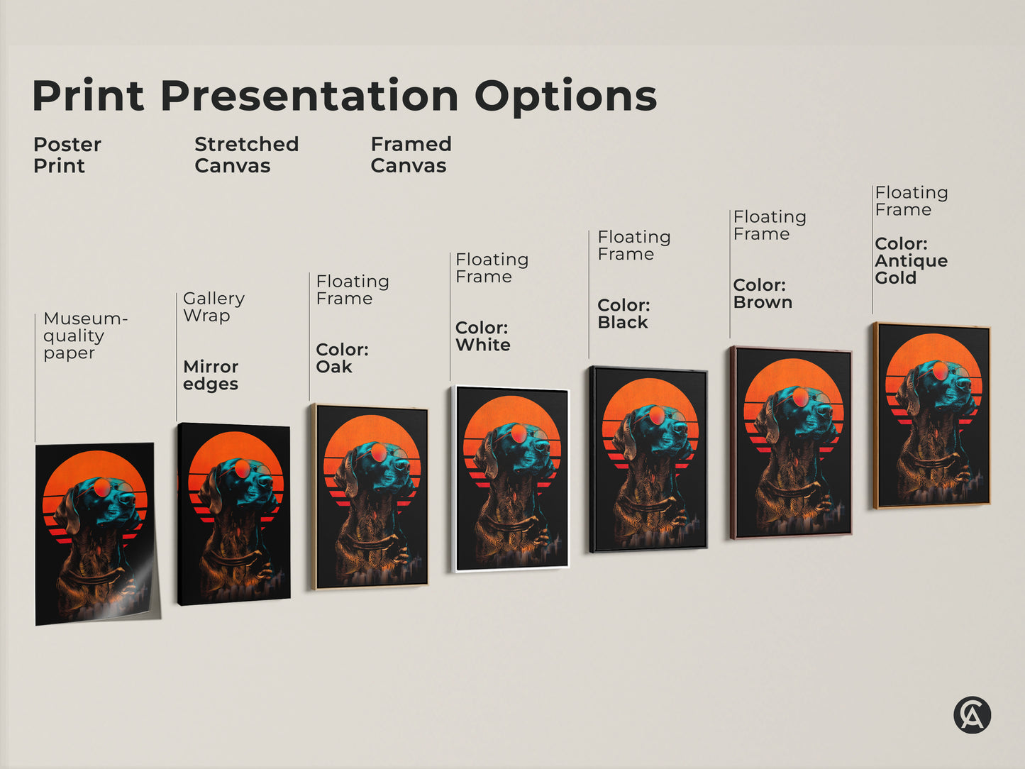 Print presentation options. This shows a poster print. There is also stretched and framed canvas options. The modern retro wall art shows a dog with an orange sunset.