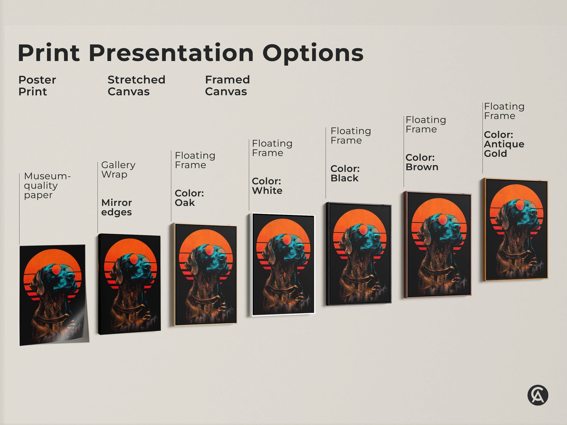 Print presentation options. This shows a poster print. There is also stretched and framed canvas options. The modern retro wall art shows a dog with an orange sunset.