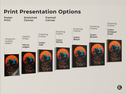 Print presentation options. This shows a poster print. There is also stretched and framed canvas options. The modern retro wall art shows a dog with an orange sunset.