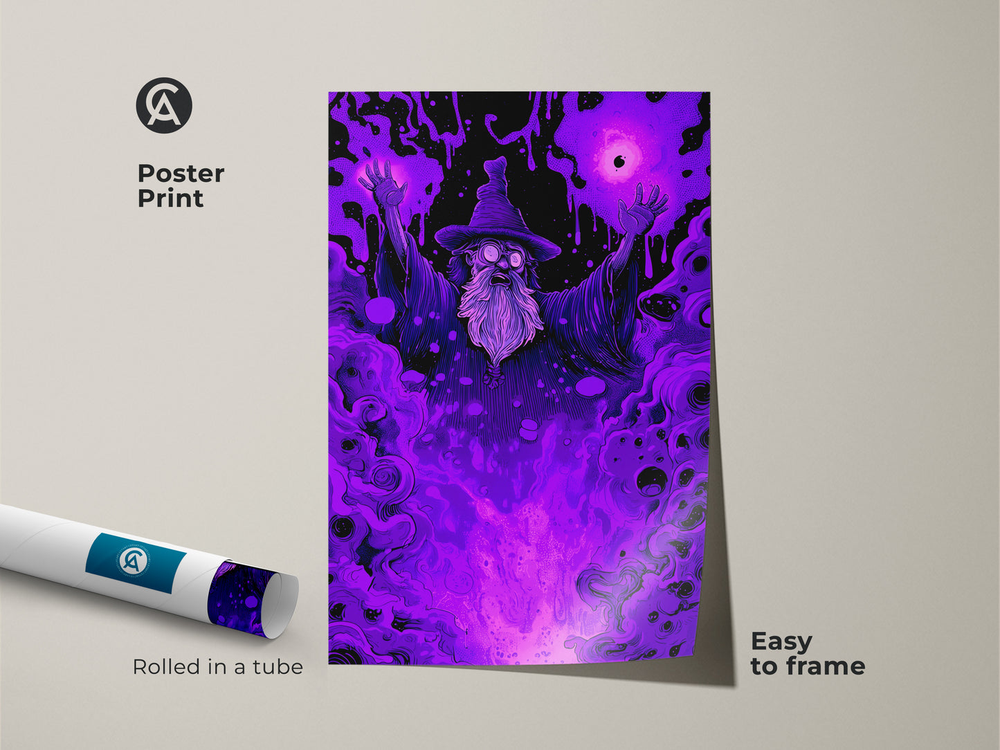 Poster print of a wizard art piece rolled in a tube. This fantasy art is easy to frame. The purple wizard artwork makes a unique wall decor. Ideal for adding a touch of magic.