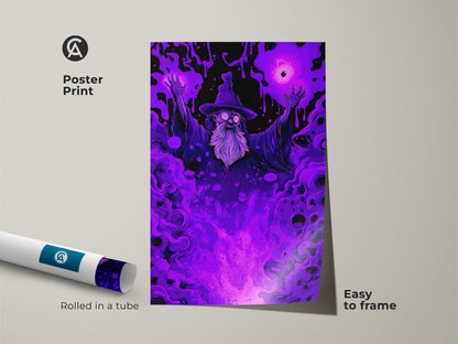 Poster print of a wizard art piece rolled in a tube. This fantasy art is easy to frame. The purple wizard artwork makes a unique wall decor. Ideal for adding a touch of magic.