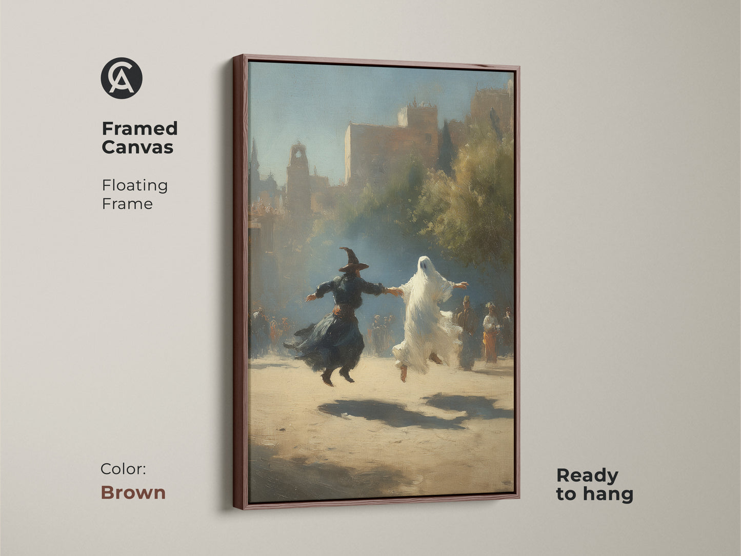 Framed canvas of sepia tone gothic artwork featuring a witch and ghost dancing. This Halloween fantasy wall art is classical realism. Brown floating frame earth tone wall decor is ready to hang. Great for a study room or eclectic home. Add old world charm.