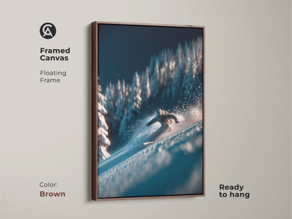 Infuse warmth into your space with this brown framed canvas artwork. A skier glides through a winter wonderland. The floating frame complements the cool tones of the art. Ready to hang this piece adds a cozy touch to any room.