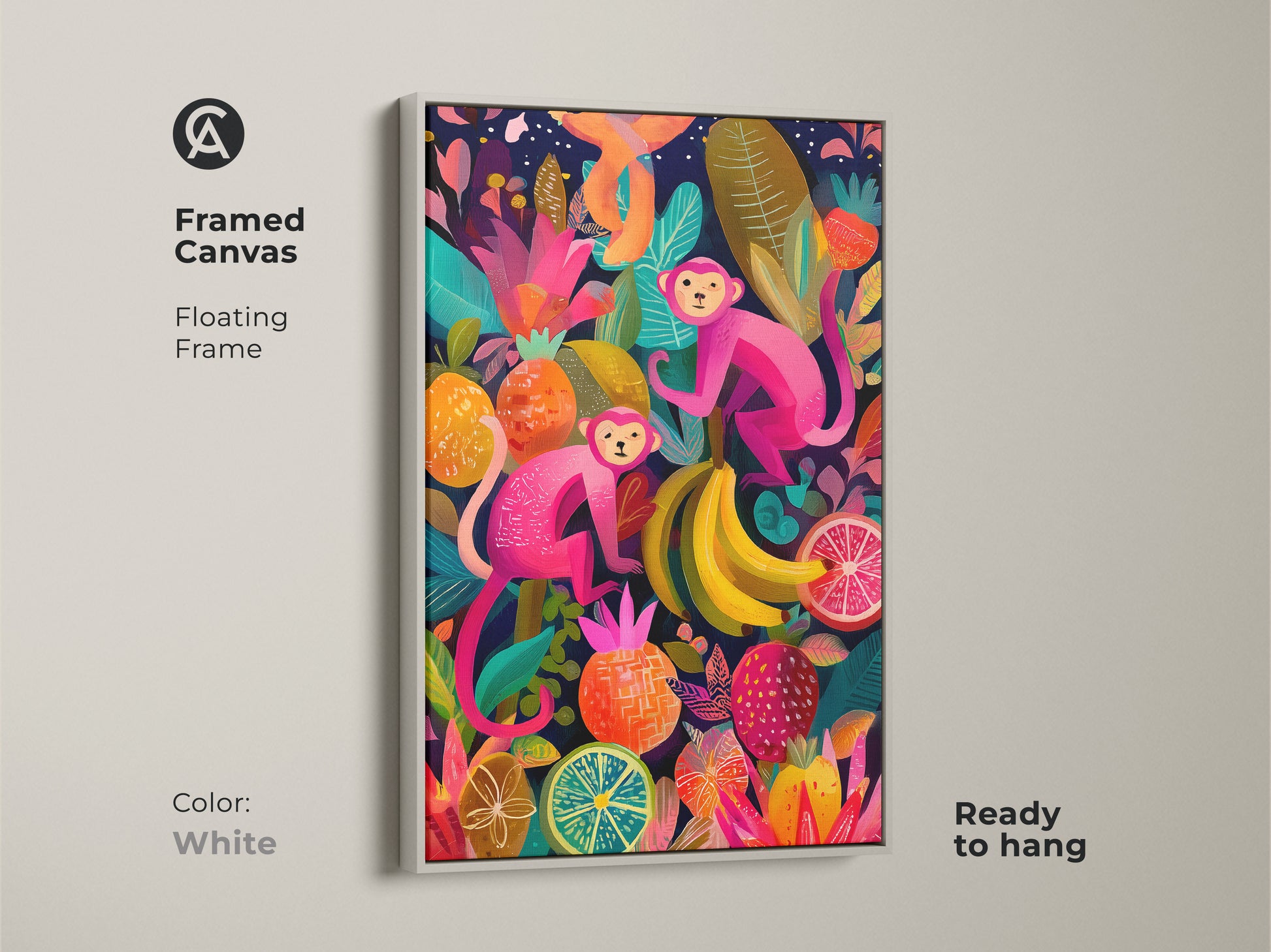 The white floating frame enhances the colorful jungle animal artwork displaying two pink monkeys amidst tropical fruits. This framed canvas is ready to hang bringing a playful energetic vibe. A delightful addition to eclectic home decor or a kids nursery. Shop Now