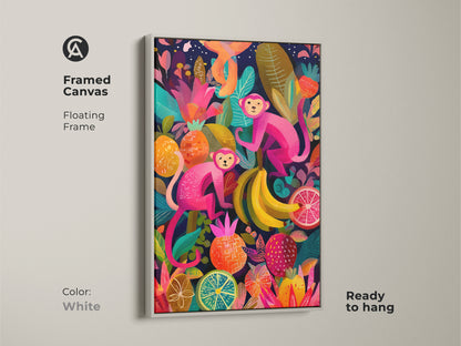 The white floating frame enhances the colorful jungle animal artwork displaying two pink monkeys amidst tropical fruits. This framed canvas is ready to hang bringing a playful energetic vibe. A delightful addition to eclectic home decor or a kids nursery. Shop Now