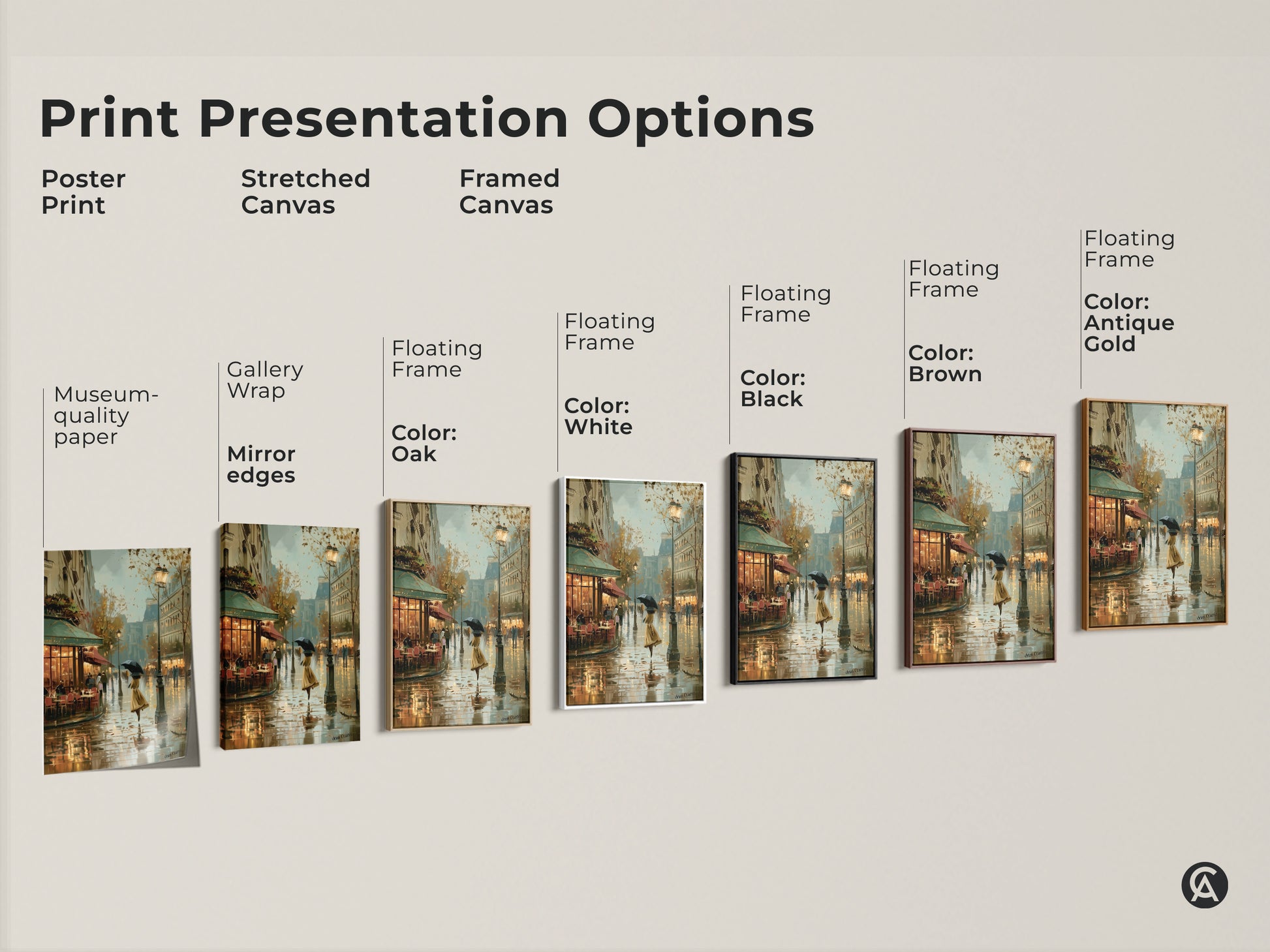 Explore print presentation options for this impressionistic Paris cafe artwork. Choose from poster print stretched canvas and framed canvas. Each option highlights the rainy street scene wall decor. Find the perfect style to complement your contemporary European home accent. Add a touch of vintage elegance to your living space.